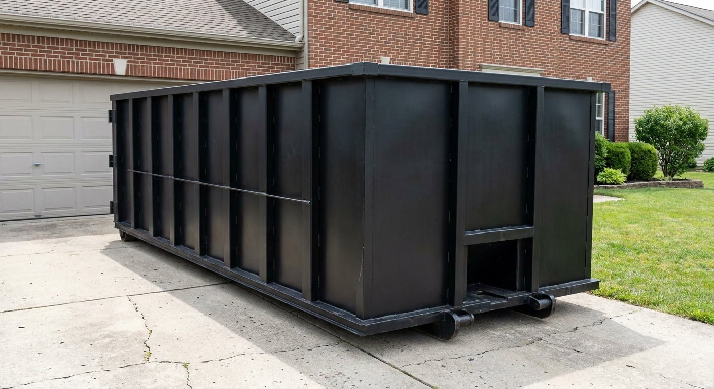 Matte-black 20-yard roll-off container on a Port Arthur residential concrete driveway with reinforced ribbed steel sidewalls and a hinged rear walk-in door, clean bright daylight.