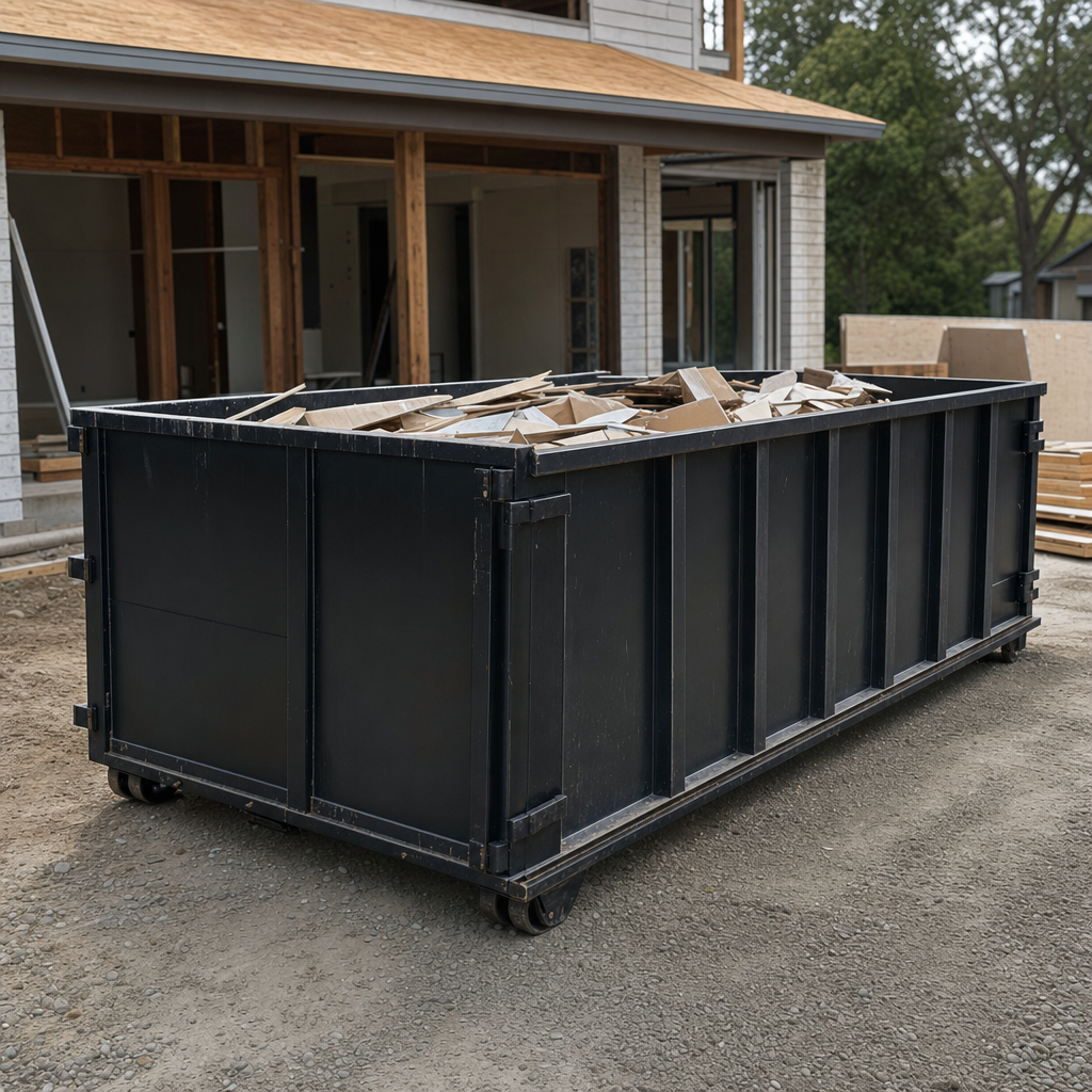 Large matte-black 30-yard construction roll-off dumpster at an active Port Arthur jobsite, steel-gray top rails and bottom rollers visible, loaded with construction debris.