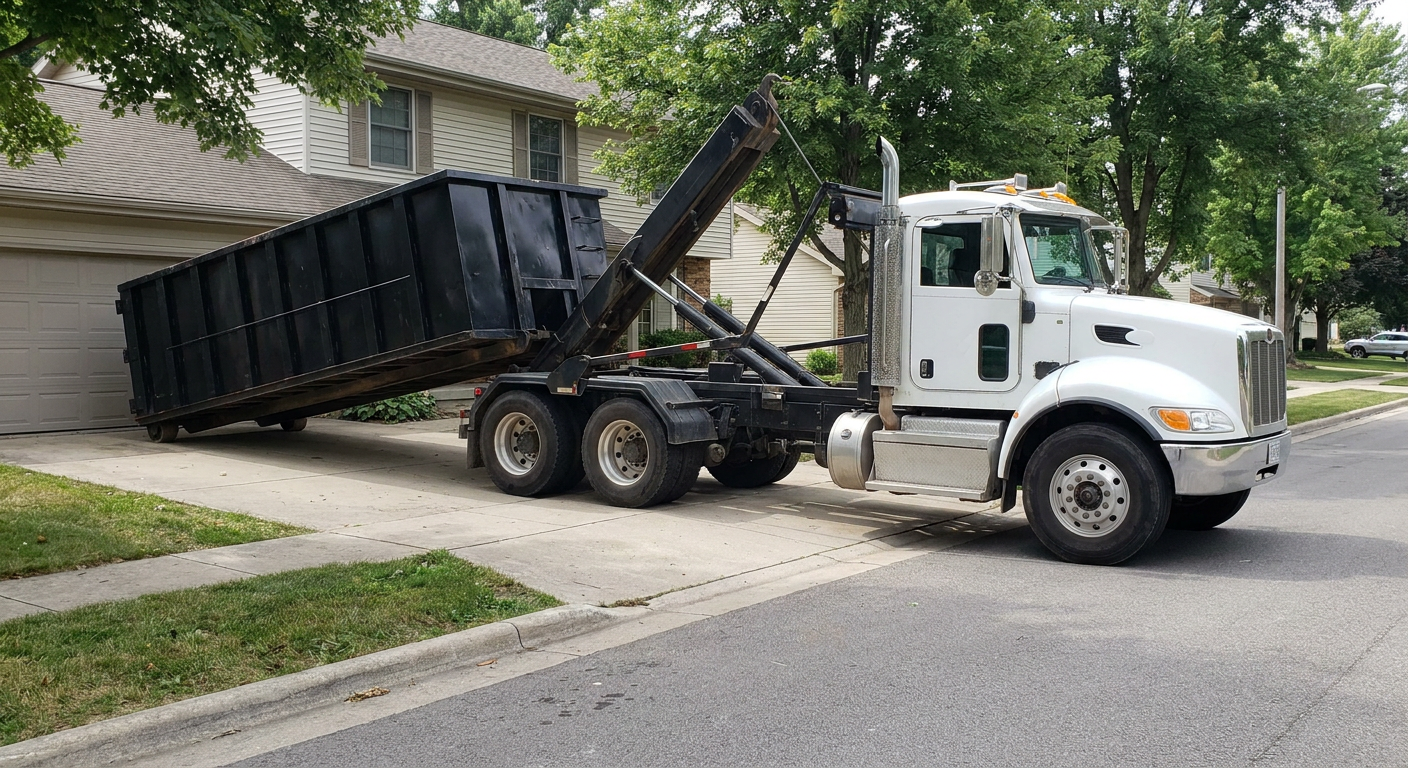 White-cab hooklift roll-off truck actively lowering a matte-black dumpster onto a Port Arthur residential concrete driveway, the dumpster's rear wheels touching the driveway as the hoist arm tilts the bed forward, mid-morning daylight.